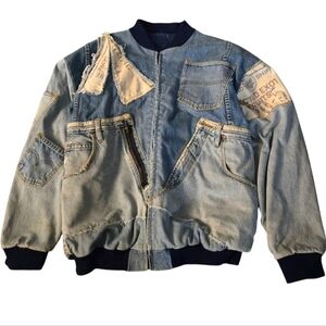 Vintage Blue and Cream Bomber Jacket with Distressed Details
